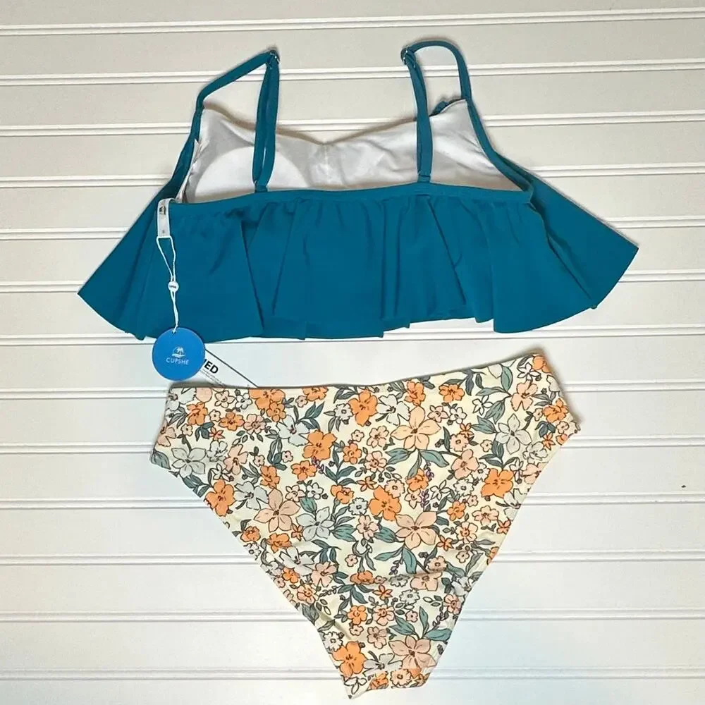 Cupshe Women Green Smocked Bikini Set Floral Ruffle High Waist 2 Piece S